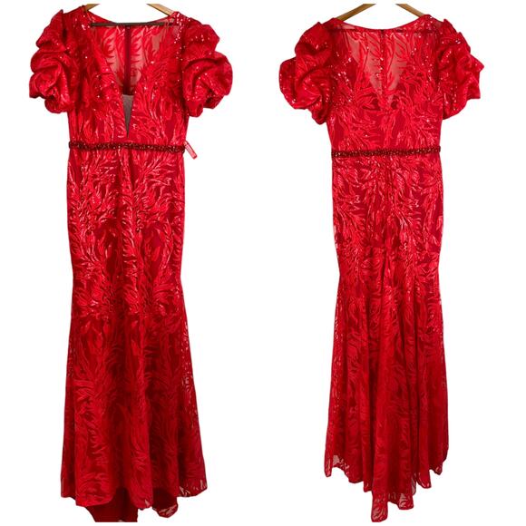 Mac Duggal NWOT Embellished Puff Sleeve Plunge Neck Trumpet Gown Size 10 Red - Picture 3 of 9